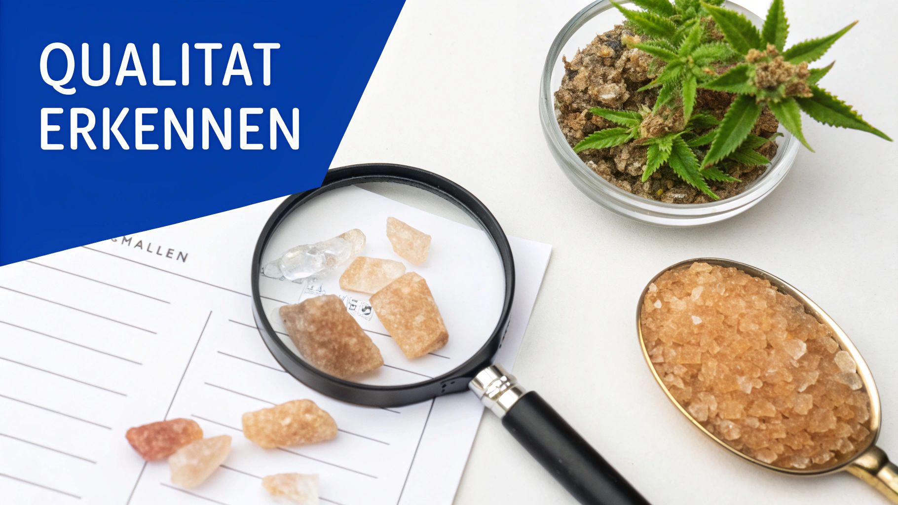 Qualität erkennen: Eine Lupe untersucht Kristalle, daneben eine Cannabis-Pflanze und grobkörniges Salz.