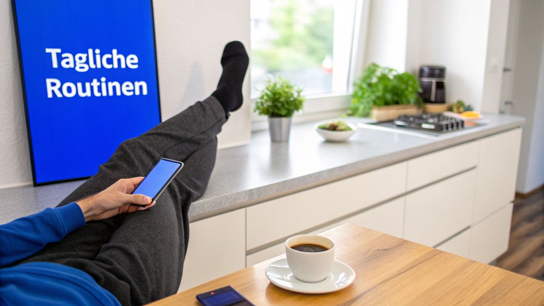 Eine Person entspannt sich mit Smartphone und Kaffee in moderner Küche, Beine hochgelegt, Bildschirm zeigt 'Tägliche Routinen'.