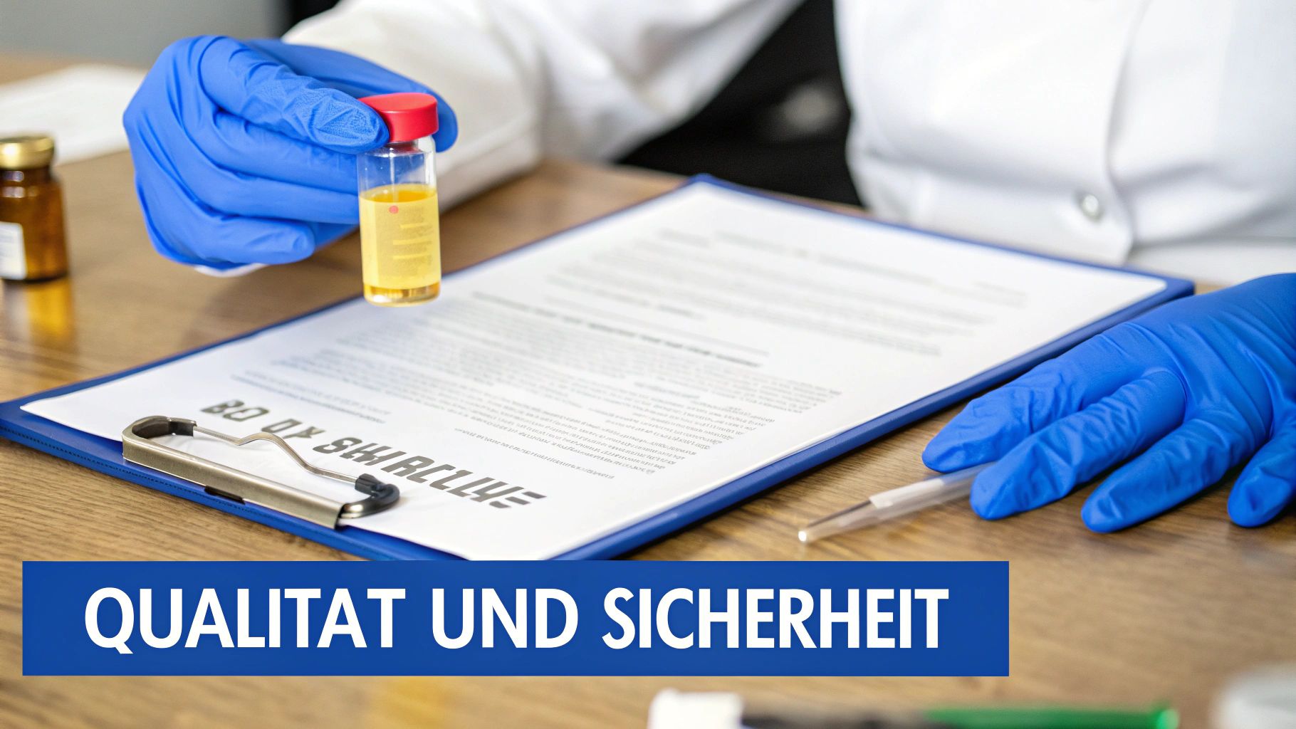 Eine in blauen Handschuhen gekleidete Person hält eine Probe in einem Labor, mit Dokumenten auf dem Tisch. Text: QUALITÄT UND SICHERHEIT.