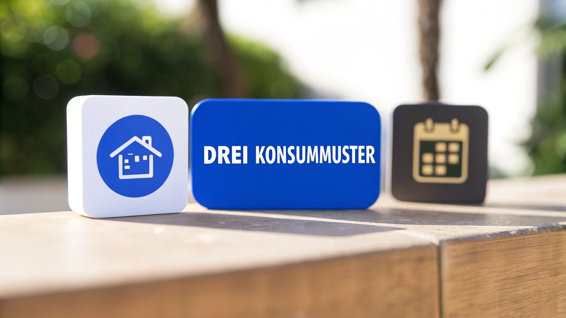 Drei Blöcke auf Holzoberfläche: Haus-Icon, Text 'DREI KONSUMMUSTER', Kalender-Icon.