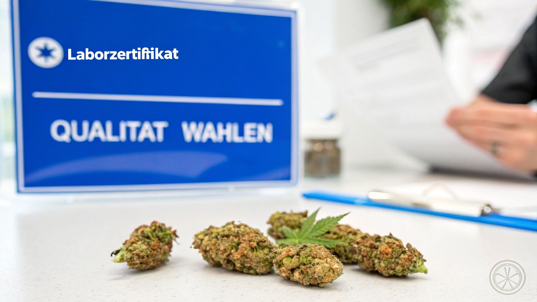 Grüne Cannabisblüten liegen auf einem Tisch vor einem blauen Schild mit der Aufschrift "Laborzertifikat" und "QUALITÄT WAHLEN".