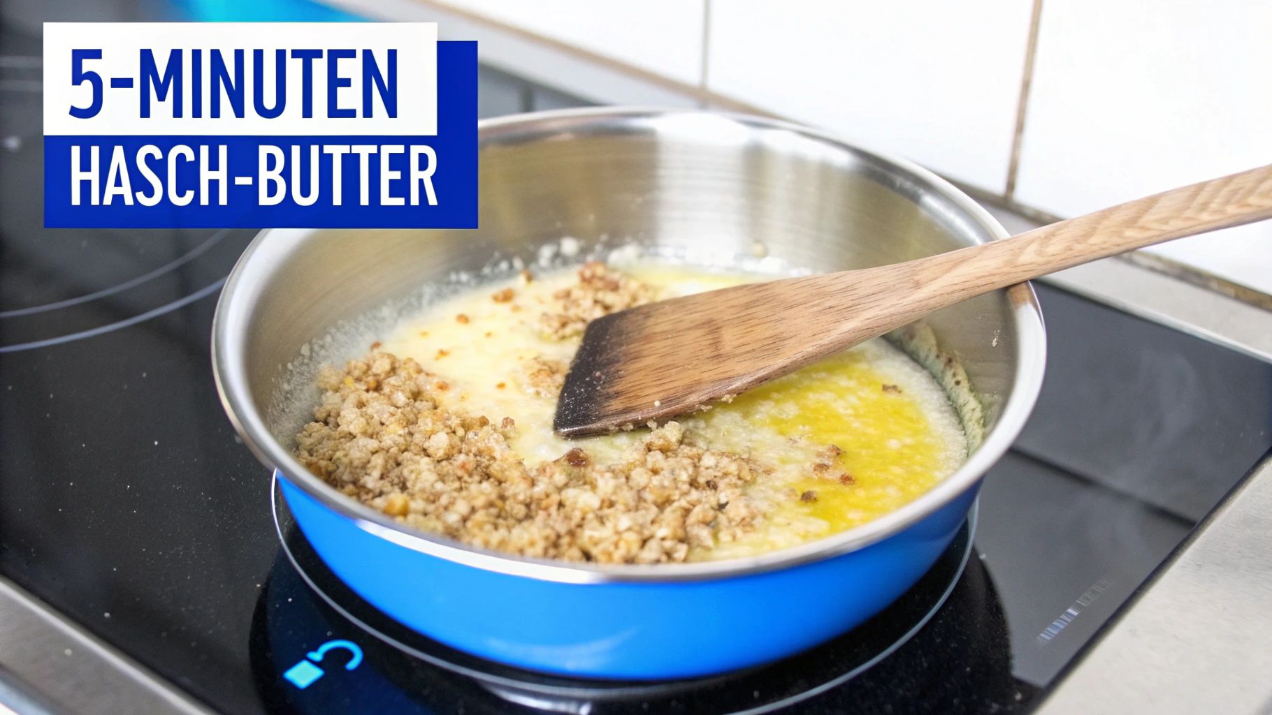 Topf auf Induktionskochfeld mit geschmolzener Butter und Hasch, gerührt von einem Holzspatel.