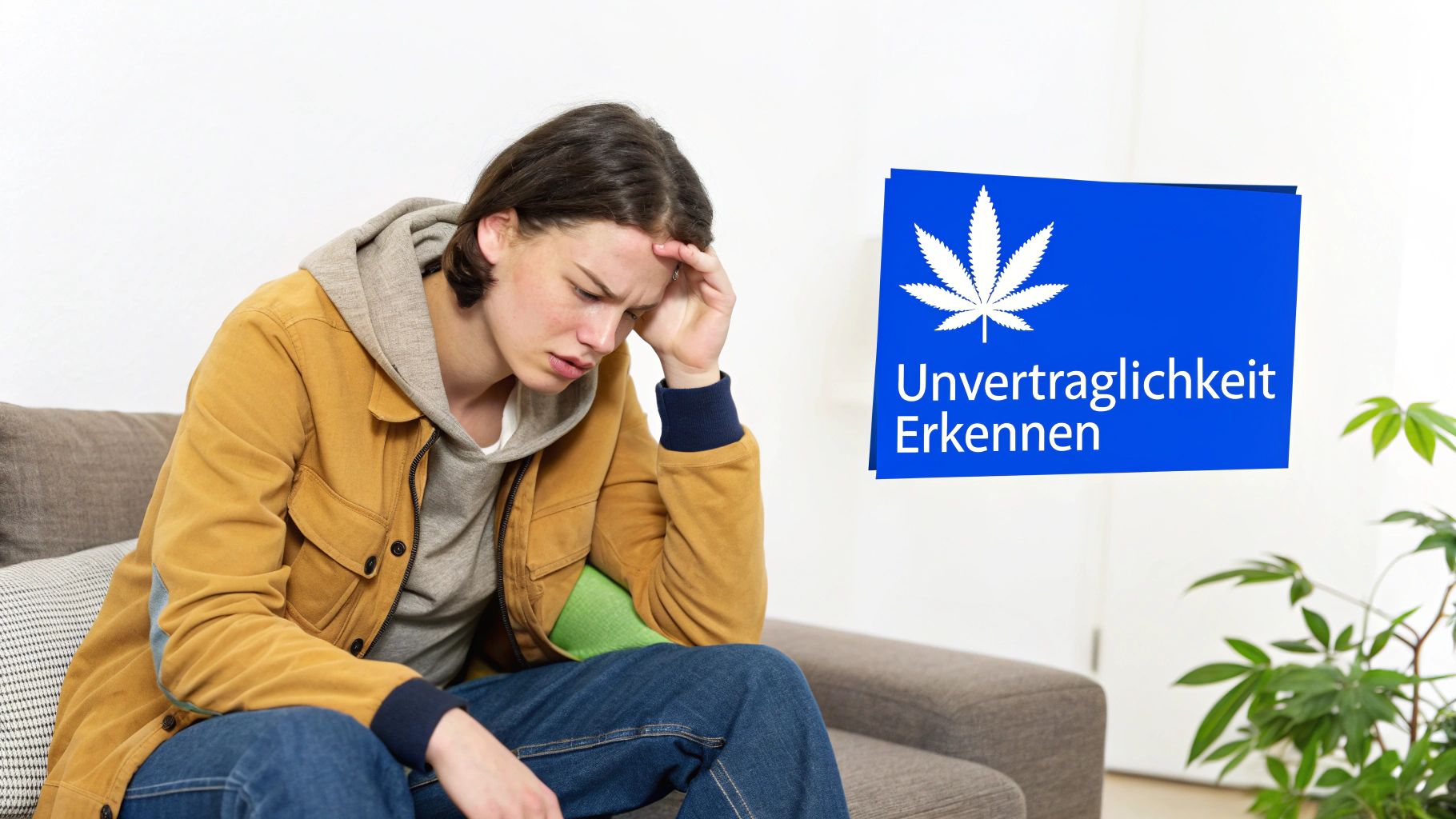 Junge Person mit Kopfschmerzen sitzt auf Sofa, daneben ein Schild zur Cannabis-Unverträglichkeit.