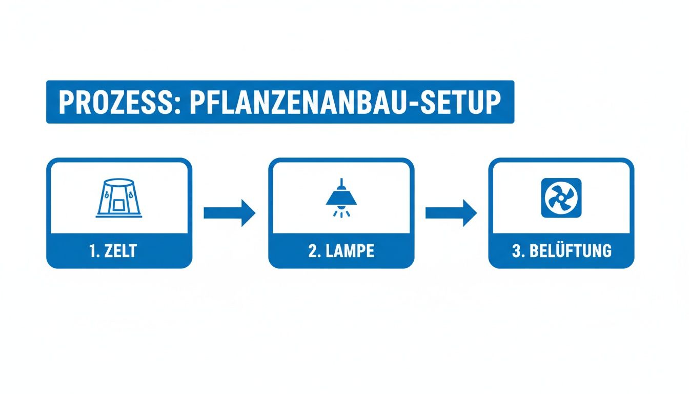 Diagramm zum Pflanzenanbau-Setup: Ein dreistufiger Prozess mit Zelt, Lampe und Belüftung.