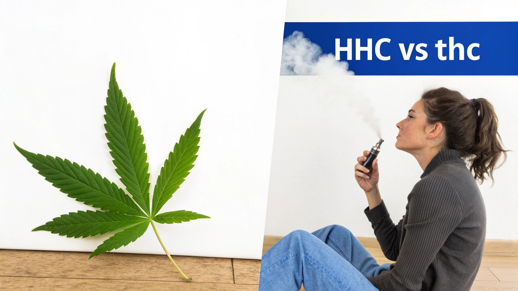 Ein geteiltes Bild zeigt ein grünes Cannabisblatt und eine dampfende Frau mit dem Text 'HHC vs thc'.