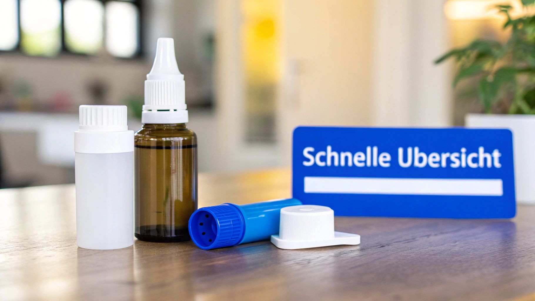 Verschiedene Fläschchen und ein blauer Inhalator auf einem Holztisch, mit einem Schild 'Schnelle Übersicht'.