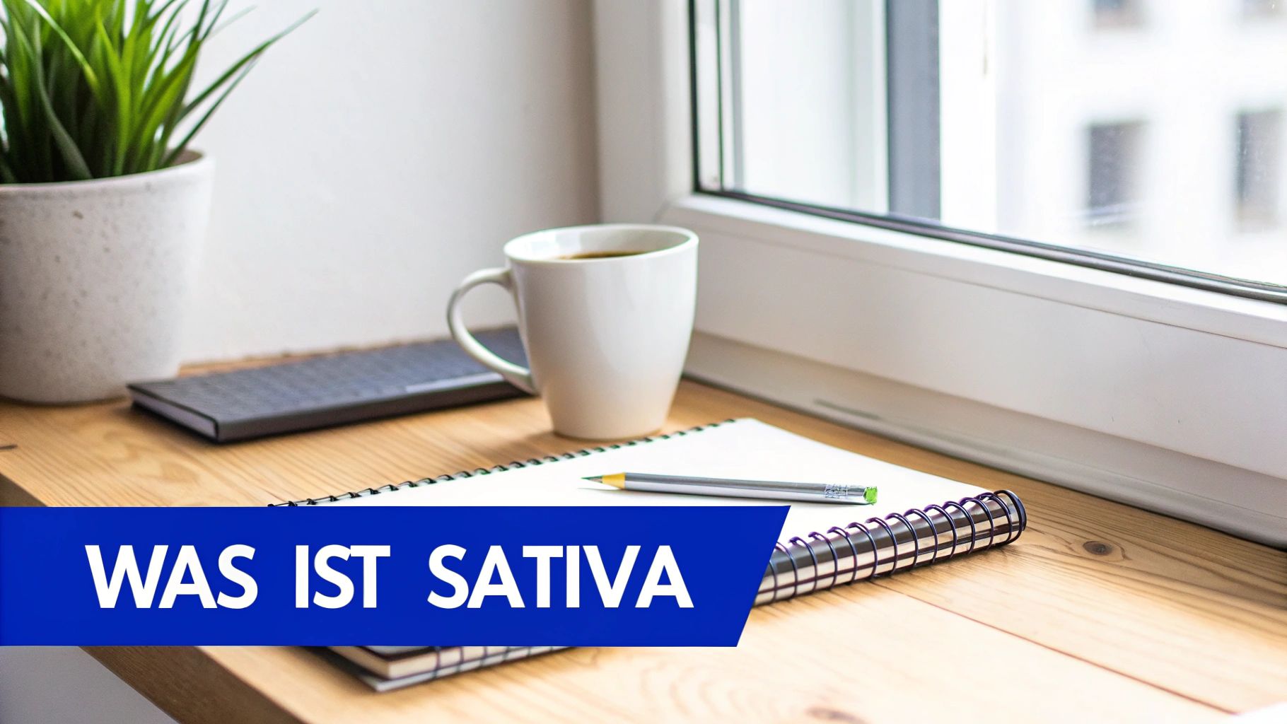 Ein Schreibtisch mit einer Pflanze, Kaffeetasse, Notizbuch und Bleistift vor einem Fenster, mit dem Text "WAS IST SATIVA".