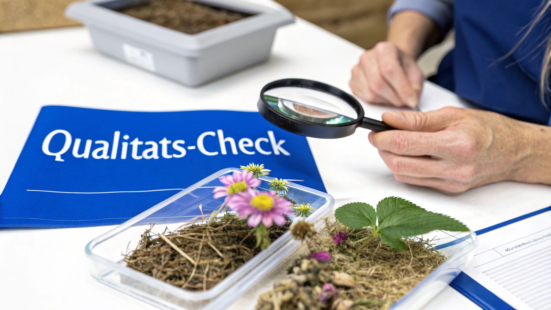 Eine Person prüft Pflanzen- und Bodenproben mit einer Lupe. Eine blaue Matte zeigt "Qualitäts-Check".