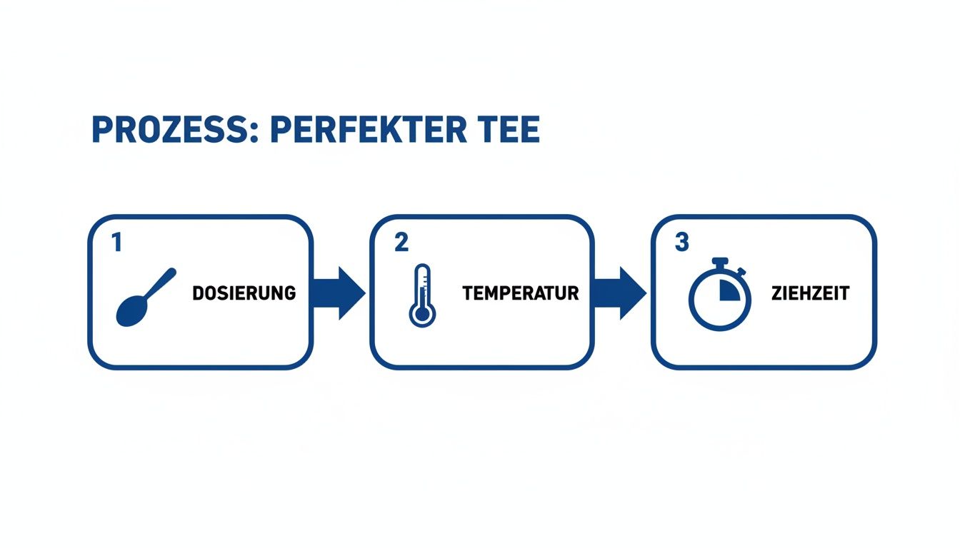 Prozess zur Zubereitung des perfekten Tees, illustriert in drei Schritten: Dosierung, Temperatur und Ziehzeit.