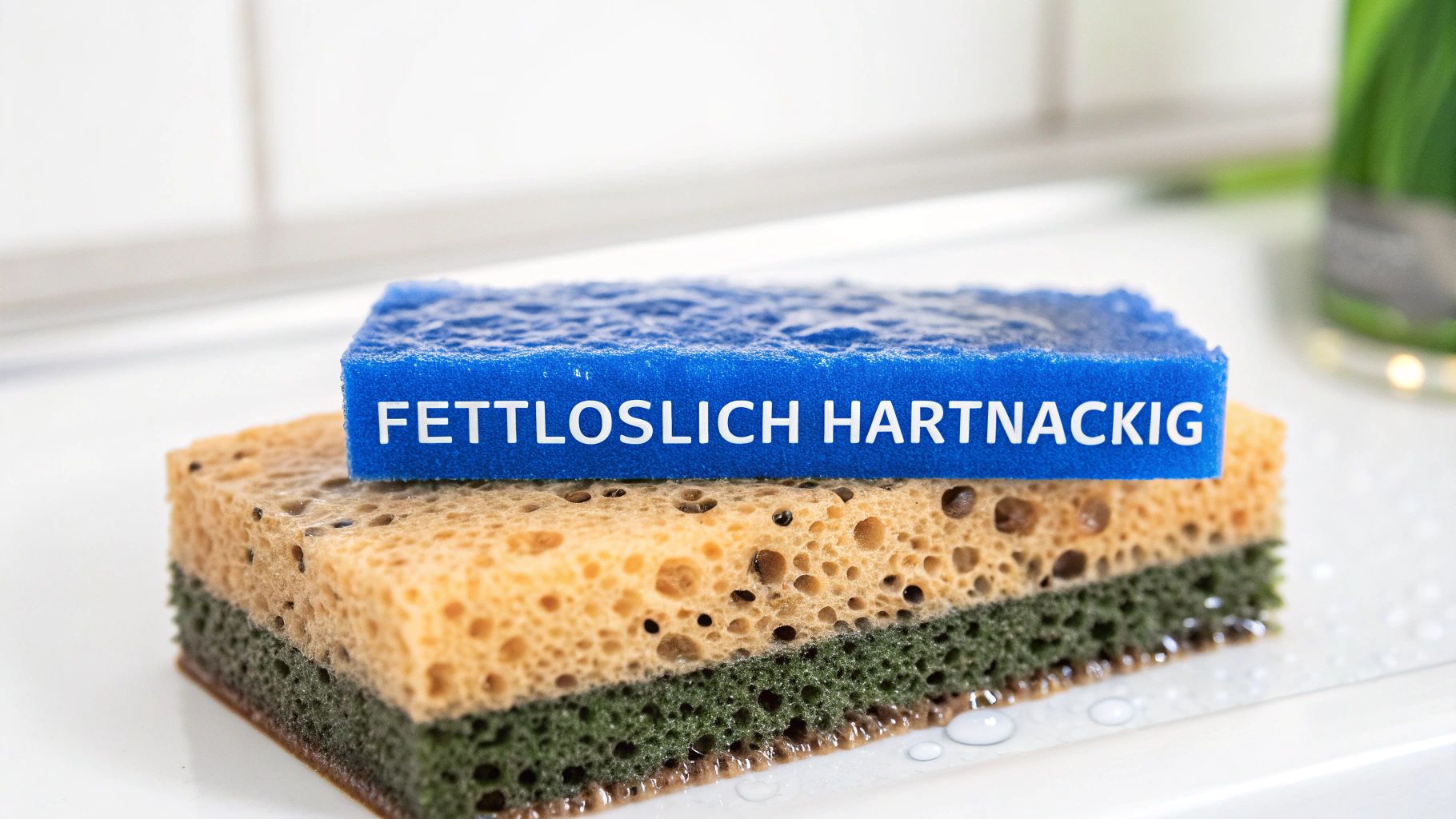 Zwei farbige Reinigungsschwämme, der obere blau mit der Aufschrift 'FETTLÖSLICH HARTNÄCKIG', liegen nass auf weißem Grund.