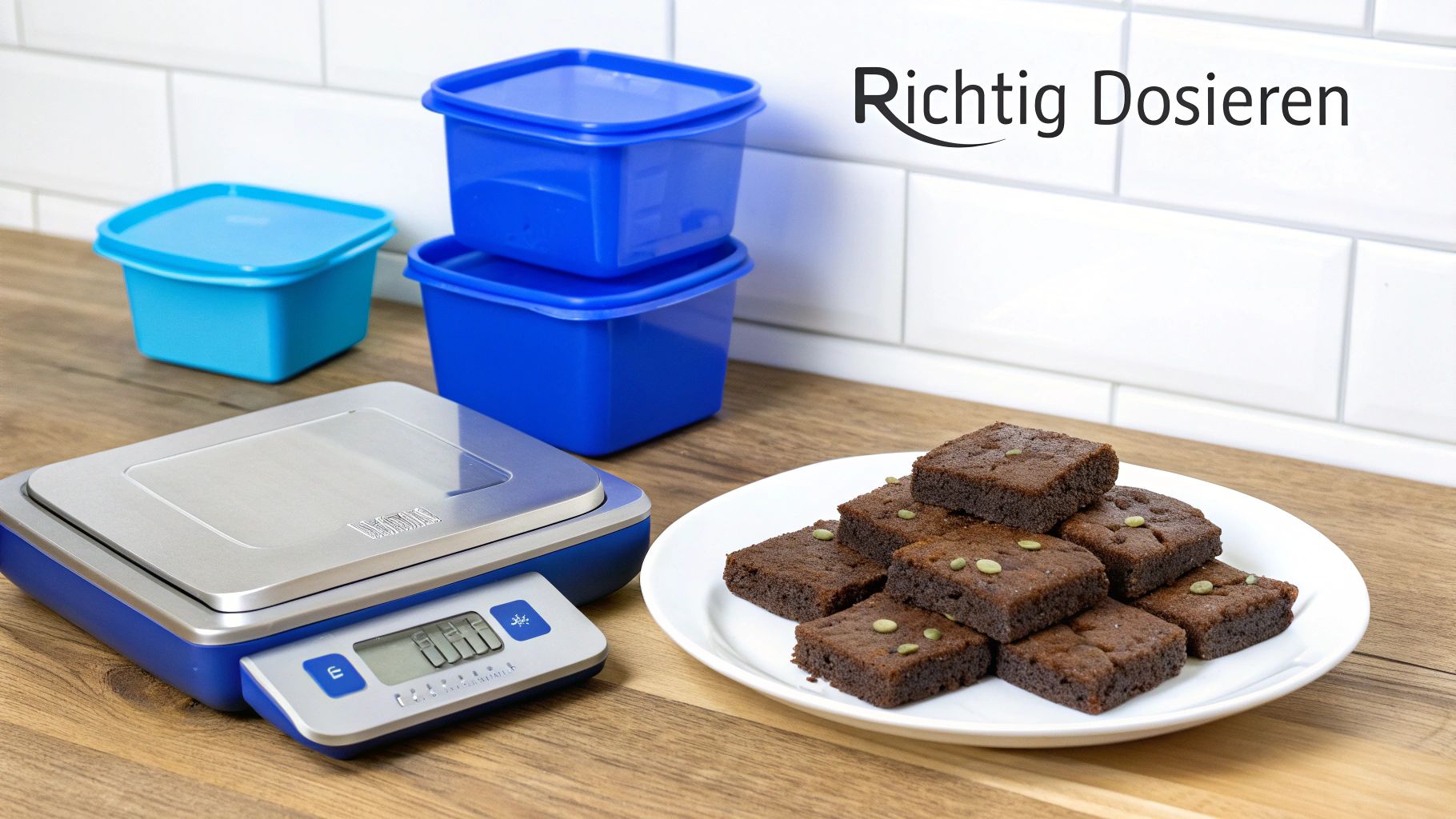 Eine Küchenwaage, blaue Vorratsdosen und Schokoladen-Brownies mit Kürbiskernen auf einem Holztisch mit der Aufschrift "Richtig Dosieren".