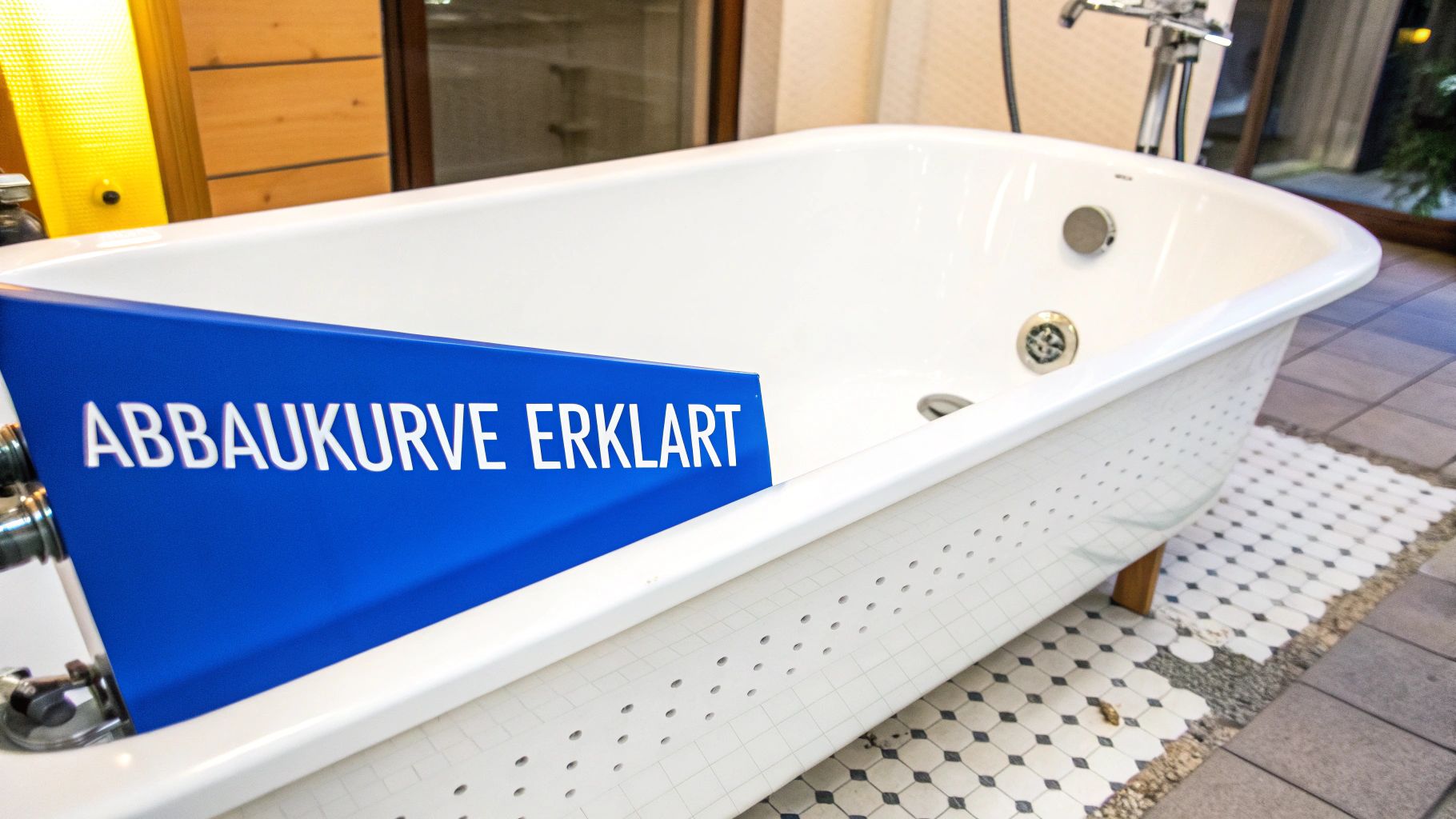 Eine weiße Badewanne mit einem blauen Schild, das "ABBAUKURVE ERKLART" zeigt.