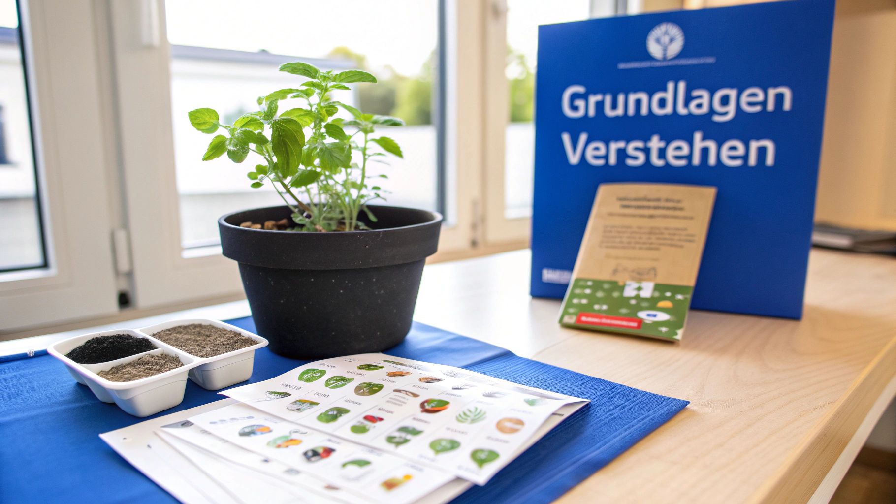 Ein Topf mit einer grünen Pflanze, Erde in kleinen Behältern und Informationsmaterialien über Pflanzen auf einem Tisch vor einem Fenster.