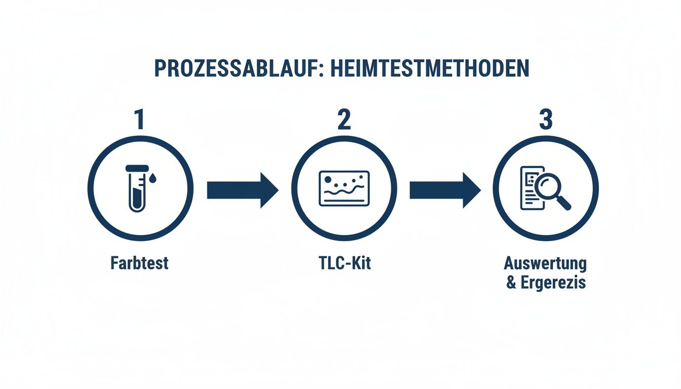 Infografik zeigt den Prozessablauf für Heimtestmethoden: Farbtest, TLC-Kit und abschließende Auswertung.