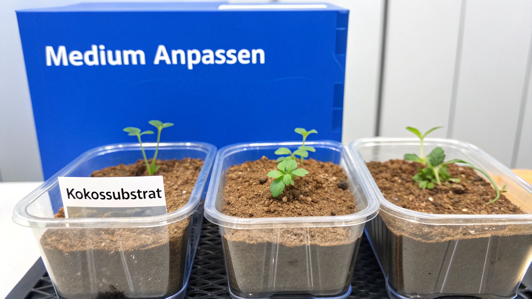 Drei kleine Pflanzen in Töpfen mit Kokossubstrat und weiteren Medien, vor einem blauen Kasten.