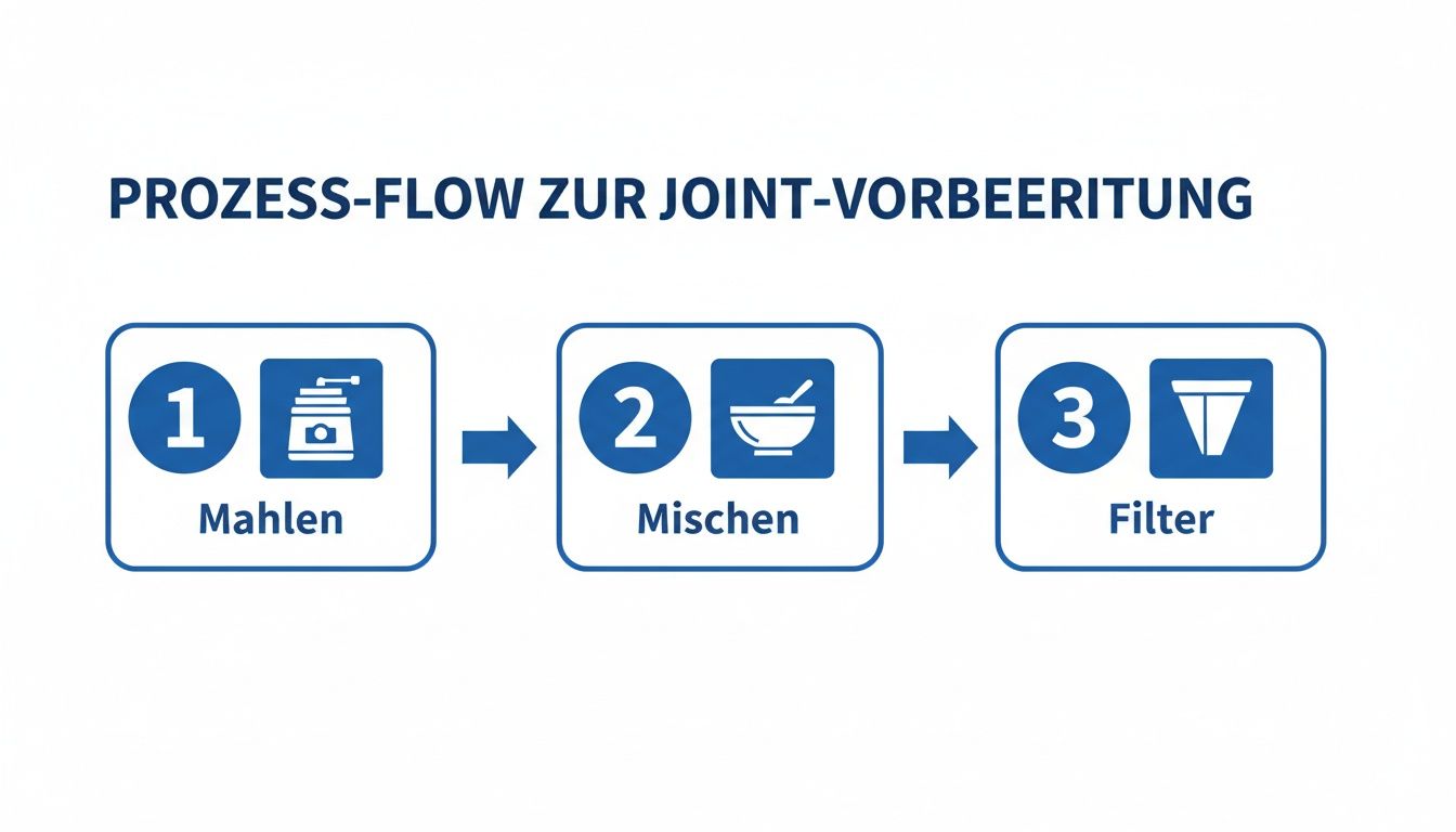 Ein Prozess-Flow-Diagramm zur Joint-Vorbereitung in drei Schritten: Mahlen, Mischen und Filtern.