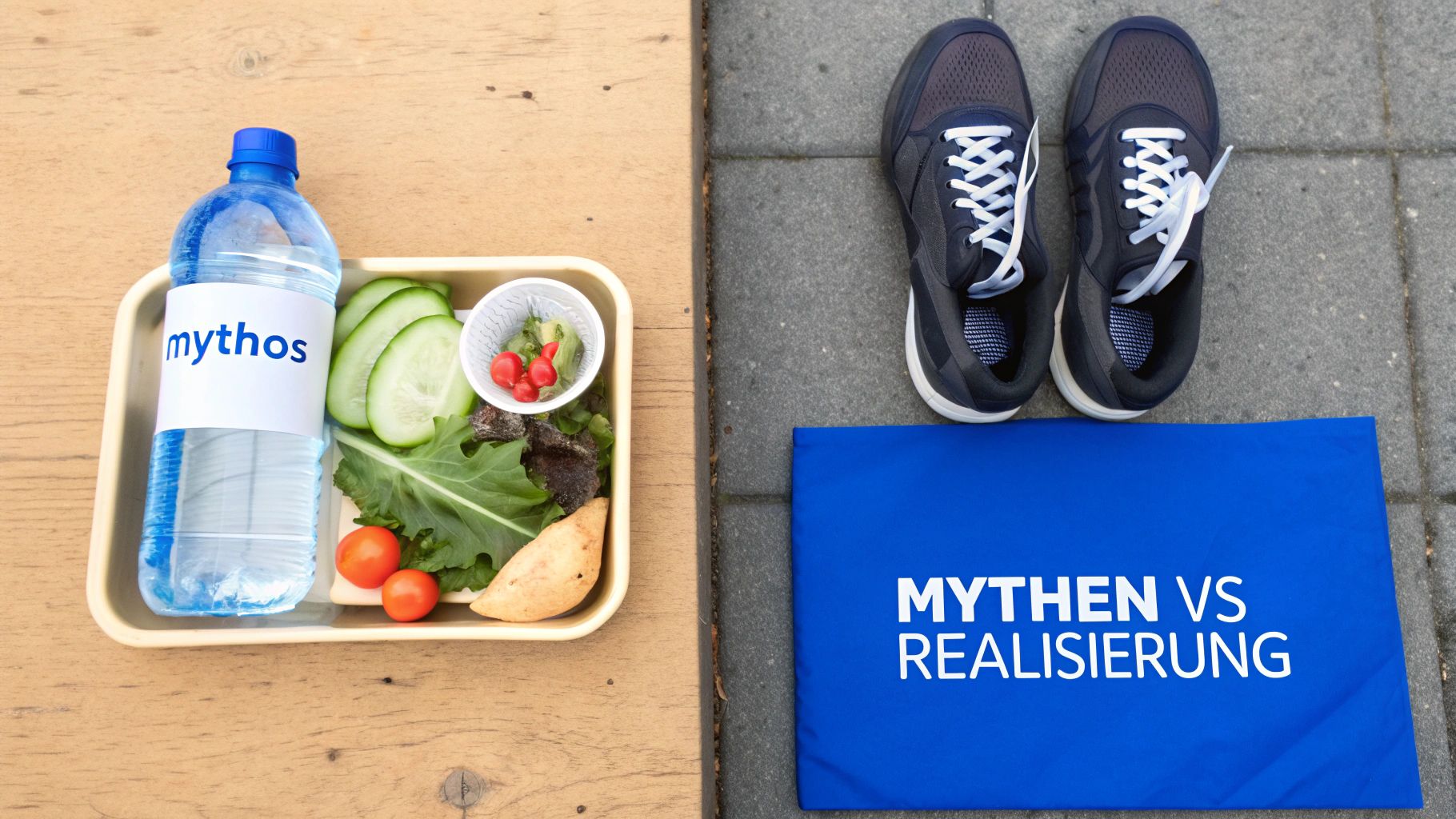 Gesunde Mahlzeit mit Wasserflasche und Salat neben Laufschuhen und Matte mit 'Mythen vs Realisierung' Text.