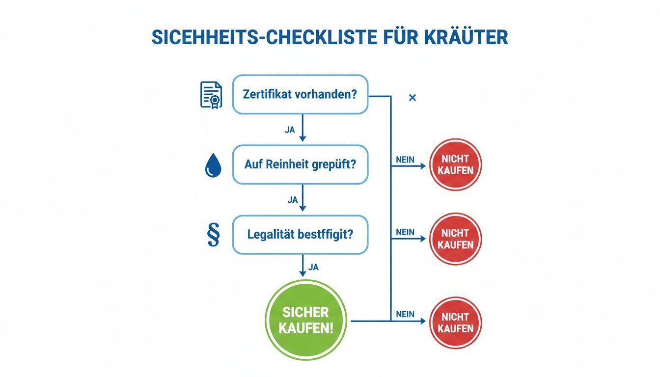 Flussdiagramm der Sicherheits-Checkliste für Kräuter: Zertifikat, Reinheit und Legalität prüfen, um sicher zu kaufen.