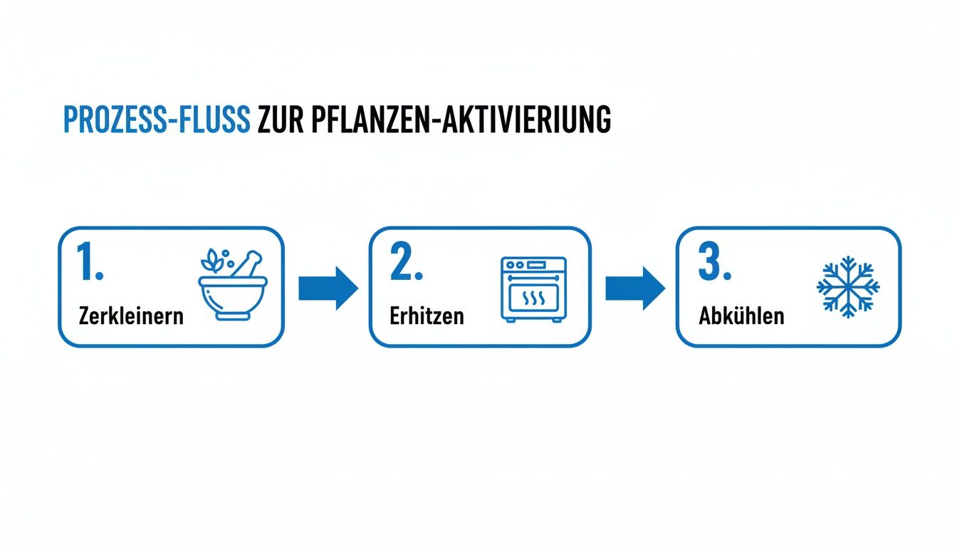 Infografik: Prozess-Fluss zur Pflanzen-Aktivierung in Schritten: Zerkleinern, Erhitzen, Abkühlen.