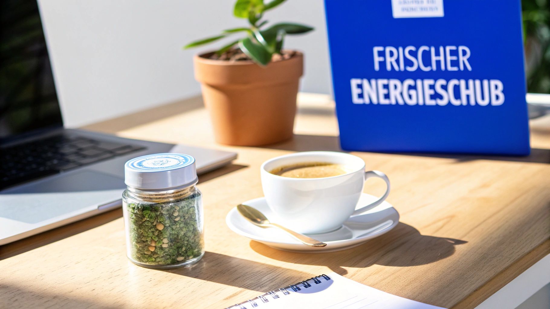 Arbeitsplatz im Freien mit Laptop, Kaffee, grünem Snack und einer Pflanze für frische Energie.
