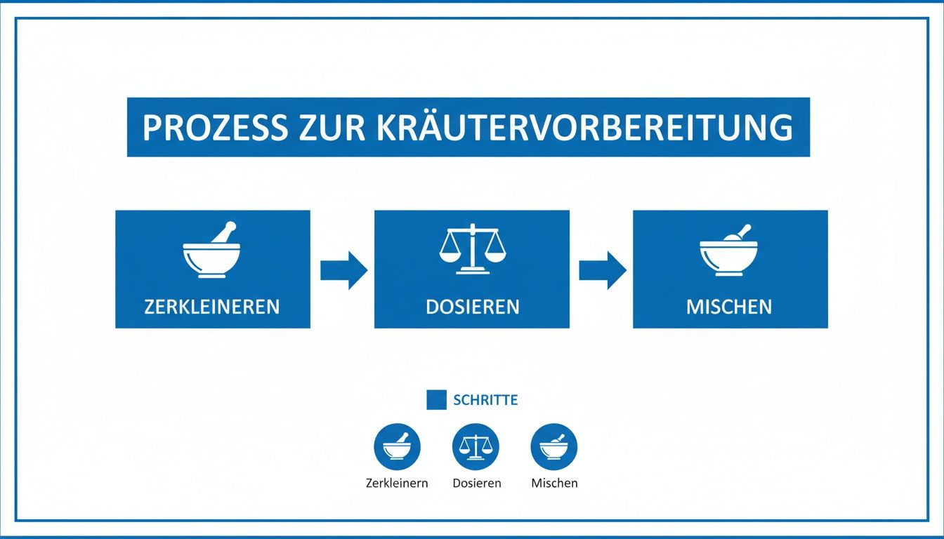 Prozessdarstellung zur Kräutervorbereitung mit Schritten wie Zerkleinern, Dosieren und Mischen, begleitet von passenden Symbolen.