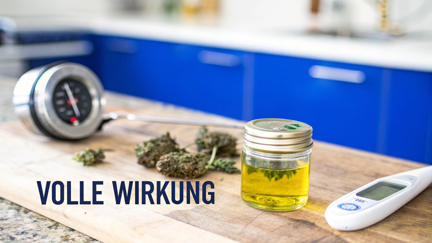 Cannabisblüten, Öl in einem Glas, Messgeräte und der Text 'VOLLE WIRKUNG' auf Holzbrett.