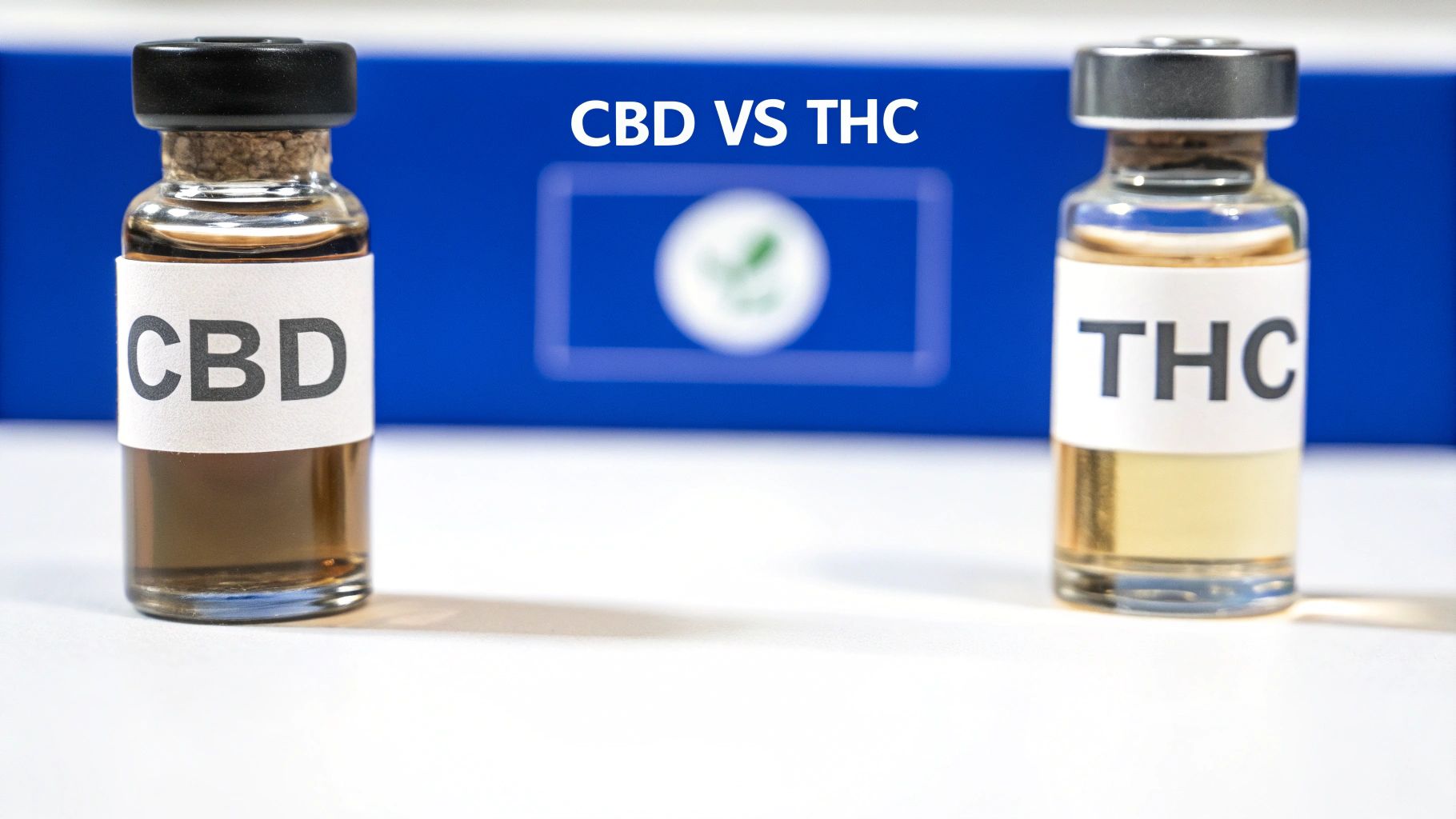 Zwei Fläschchen, beschriftet mit CBD und THC, stehen vor einem blauen Hintergrund mit dem Text 'CBD VS THC'.