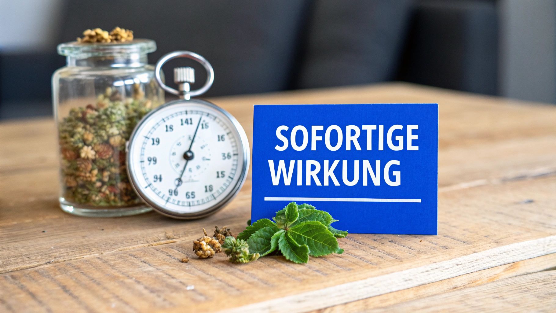 Blaues Schild mit 'SOFORTIGE WIRKUNG', Stoppuhr und Kräutern auf Holztisch für schnelle Ergebnisse.