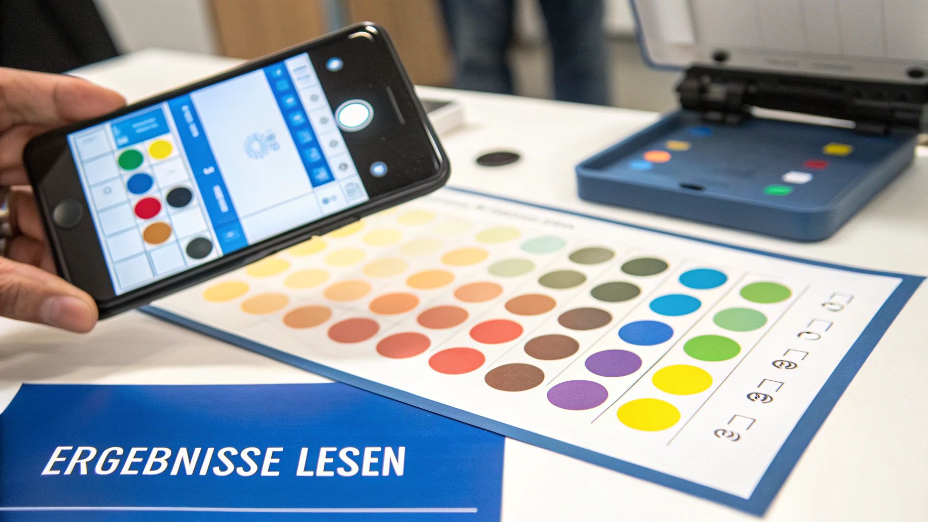 Eine Hand hält ein Smartphone über eine Farbtafel, um Farben zu analysieren, mit einer App und einem Messgerät.