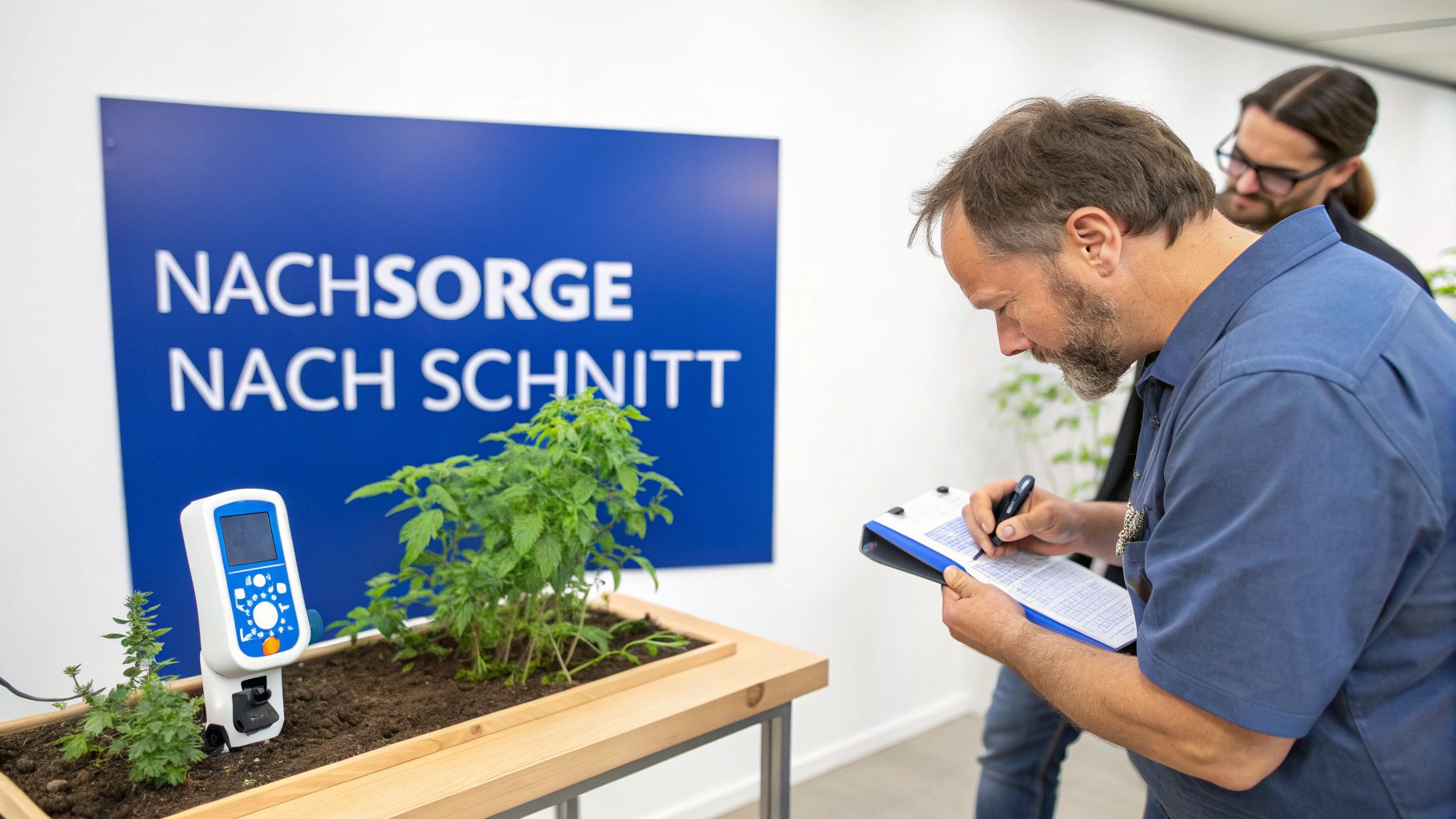 Ein Mann macht Notizen über Pflanzen in einem Beet mit Sensor; im Hintergrund ein Schild mit "Nachsorge nach Schnitt".