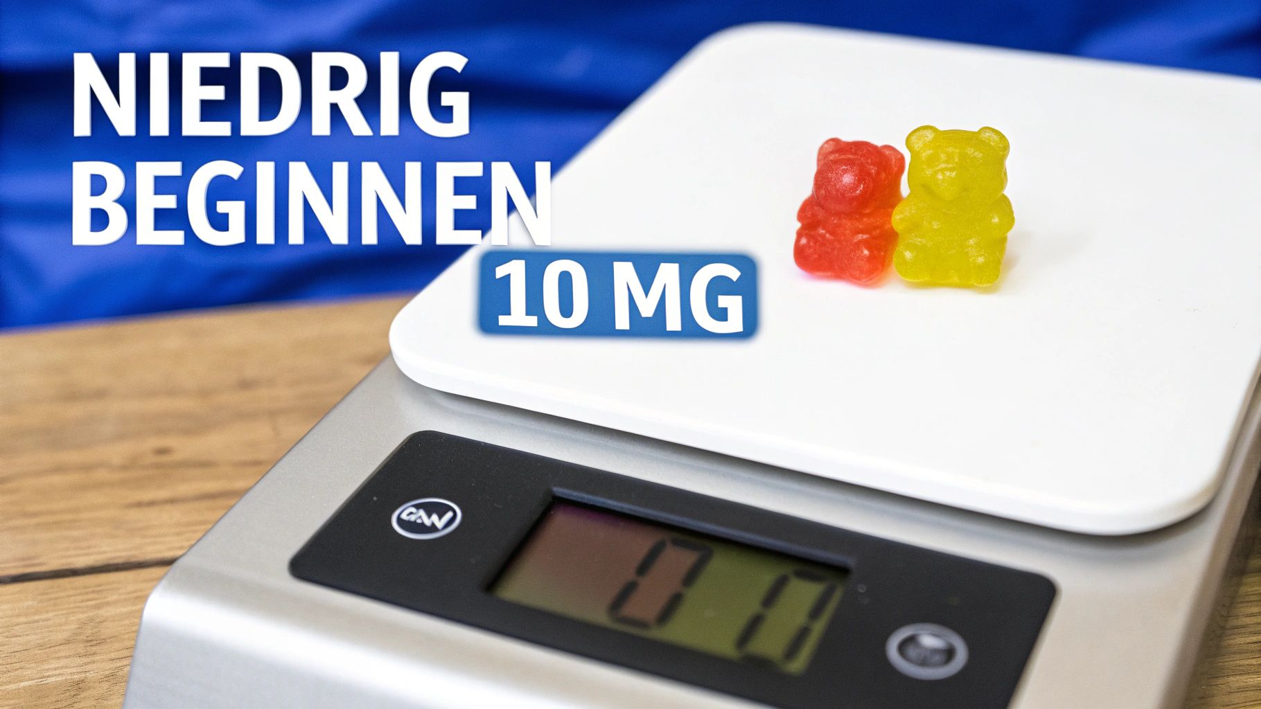 Zwei Gummibärchen auf einer digitalen Waage mit der Aufschrift 'NIEDRIG BEGINNEN' und '10 MG'.