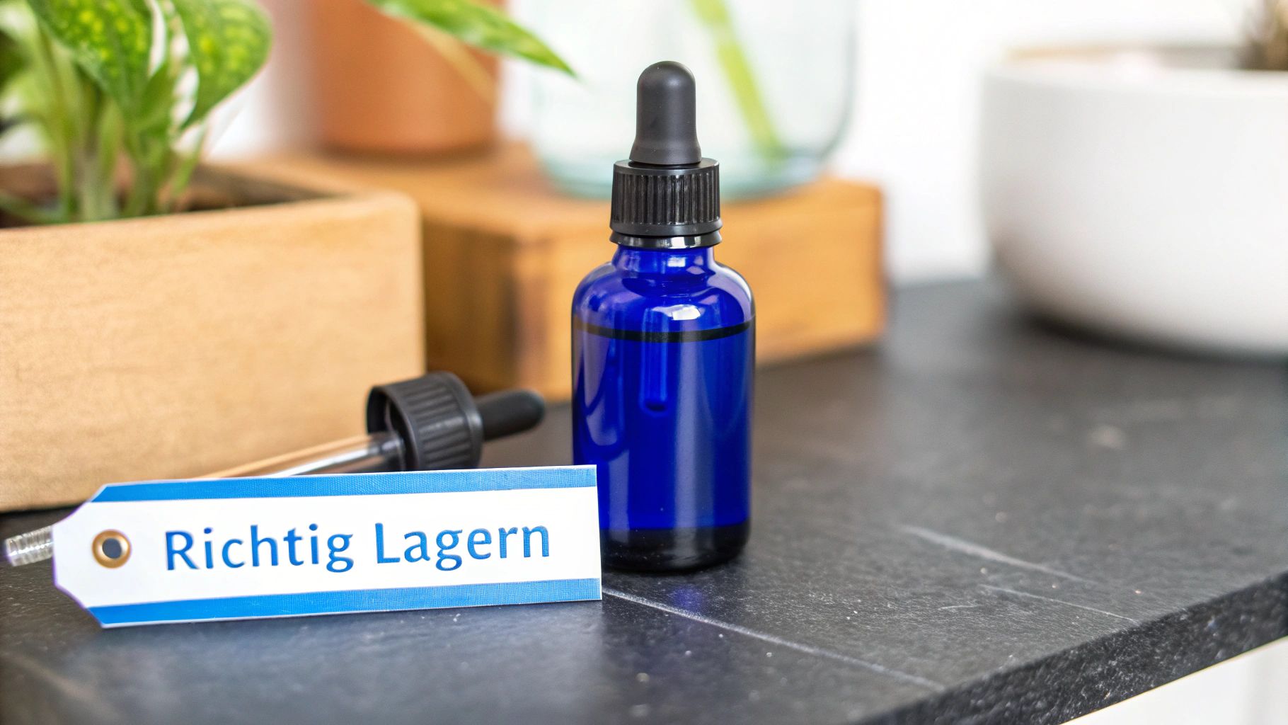 Blaue Tropfflasche mit Pipette und Etikett 'Richtig Lagern' auf dunklem Untergrund, umgeben von Pflanzen.