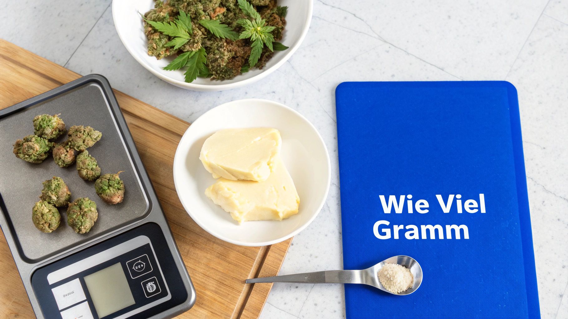 Marihuana-Knospen auf einer Waage, Butter und ein Buch mit der Frage 'Wie Viel Gramm' für die Cannabutter-Zubereitung.