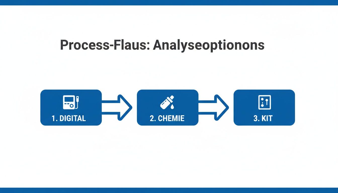 Flussdiagramm zeigt drei Analyseoptionen: Digital, Chemie und Kit, als aufeinanderfolgende Schritte dar.