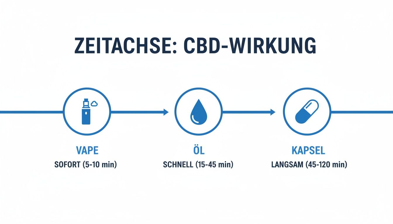 Timeline der CBD-Wirkung zeigt verschiedene Anwendungsformen und ihre individuellen Wirkungszeiten von sofort bis langsam.