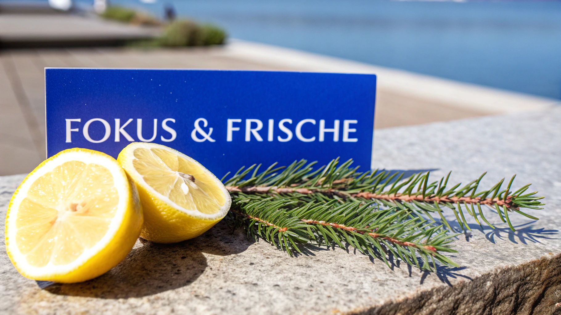 Ein blaues Schild mit 'FOKUS & FRISCHE', zwei Zitronenhälften und ein Tannenzweig auf Stein am Wasser.