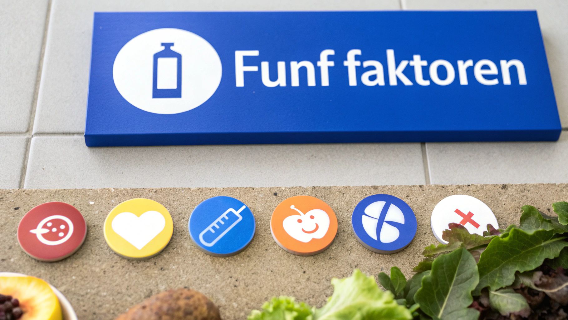Ein blaues Schild mit der Aufschrift "Fünf faktoren" und einem Flaschensymbol über farbigen Gesundheits-Icons und frischem Essen.