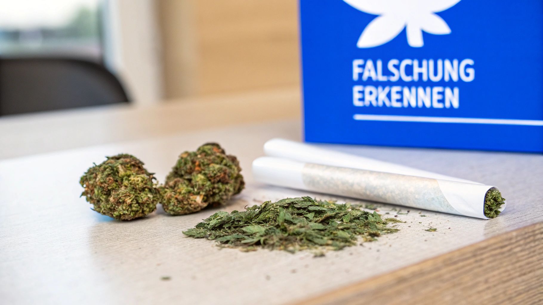 Cannabisblüten, lose Blätter und ein Joint auf einem Tisch mit einem Schild "Fälschung erkennen".