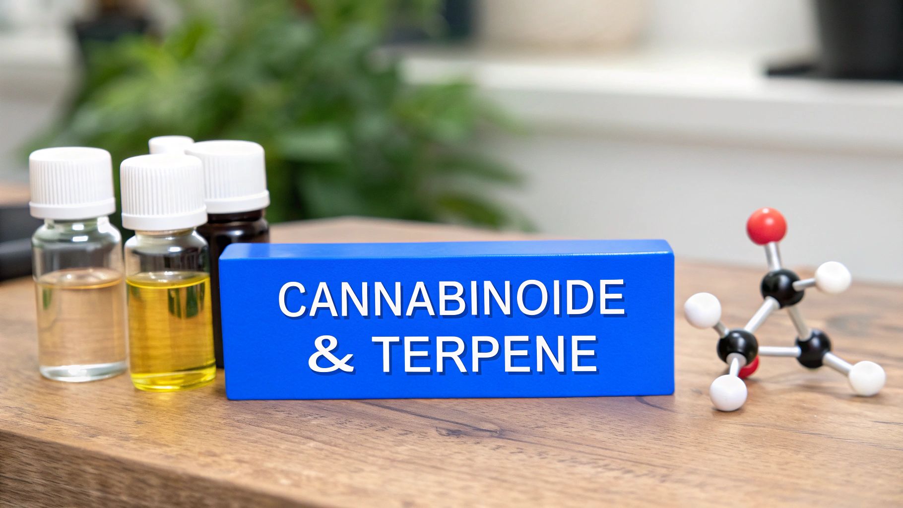 Bild zeigt Fläschchen mit Ölen, ein blaues Schild mit 'Cannabinoide & Terpene' und ein Molekülmodell auf Holz.