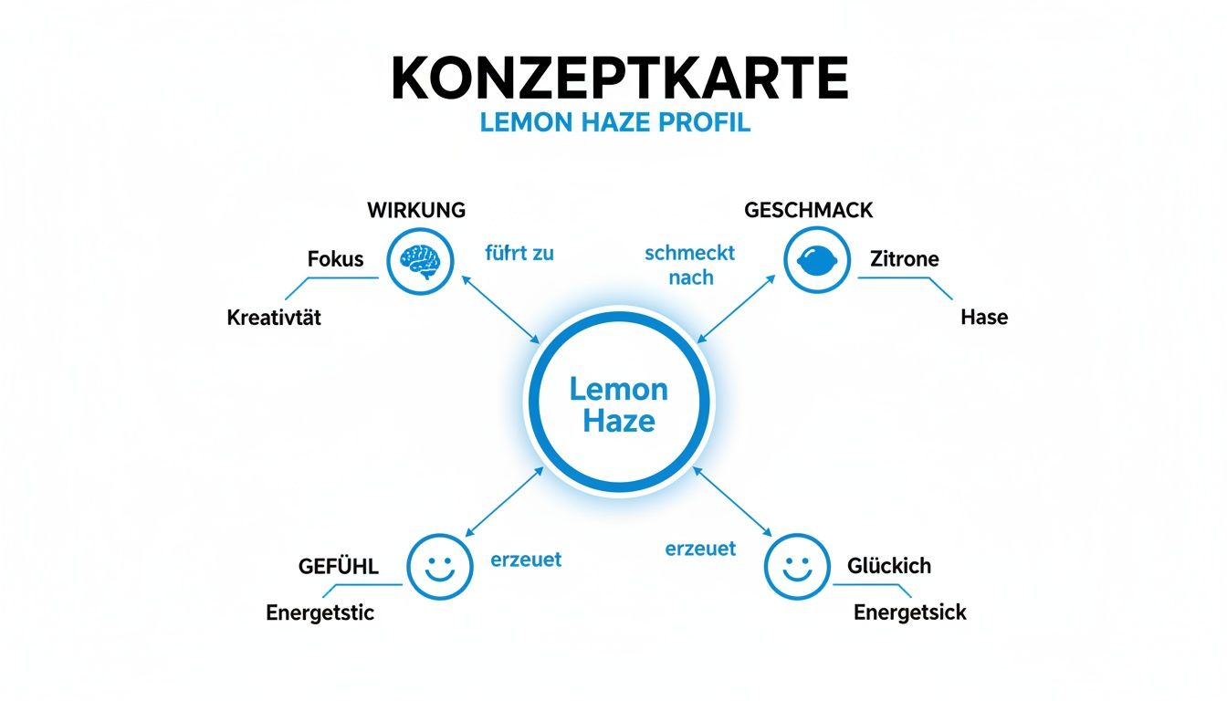Konzeptkarte zum Lemon Haze Profil, zeigt Wirkung (Fokus, Kreativität), Geschmack (Zitrone) und Gefühle (Glücklich, Energetisch).