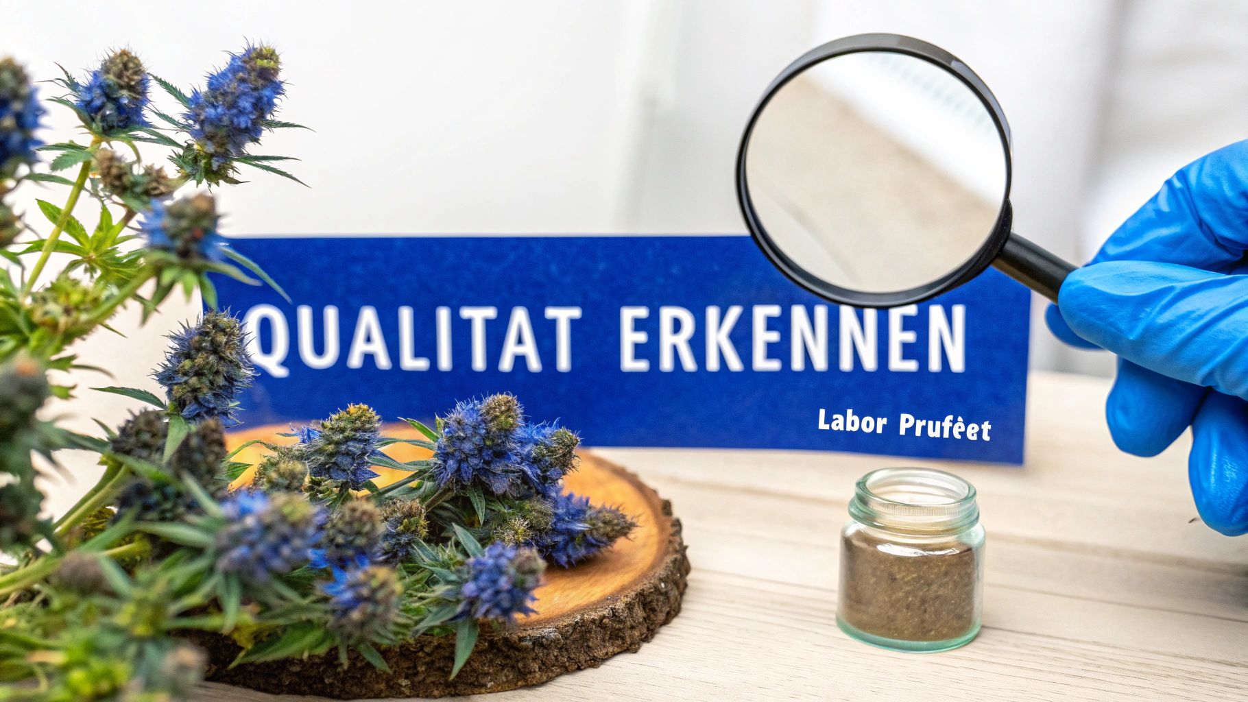 Ein Labortechniker prüft die Qualität von Pflanzen mit einer Lupe, mit dem Text "QUALITÄT ERKENNEN Labor Prüfeet" im Hintergrund.