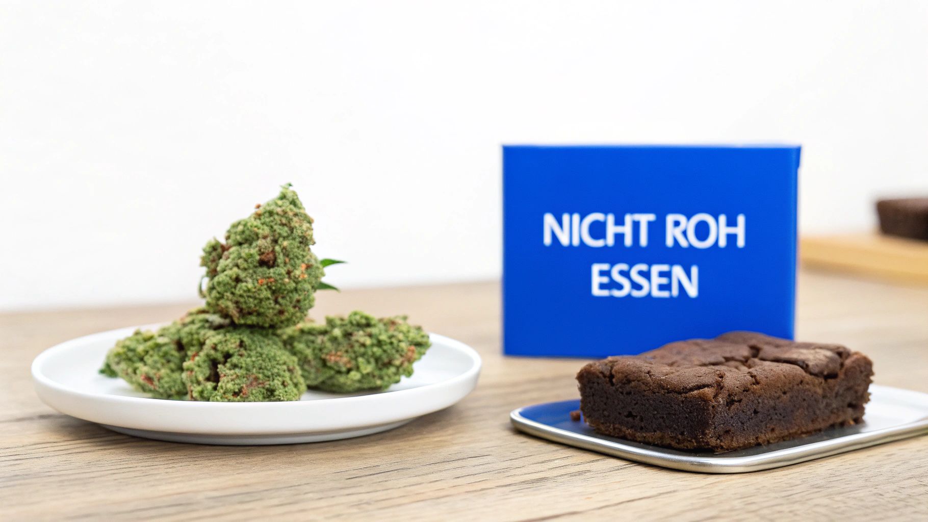 Cannabisblüten auf einem weißen Teller neben einem Brownie und einer blauen Box mit der Aufschrift 'NICHT ROH ESSEN'.