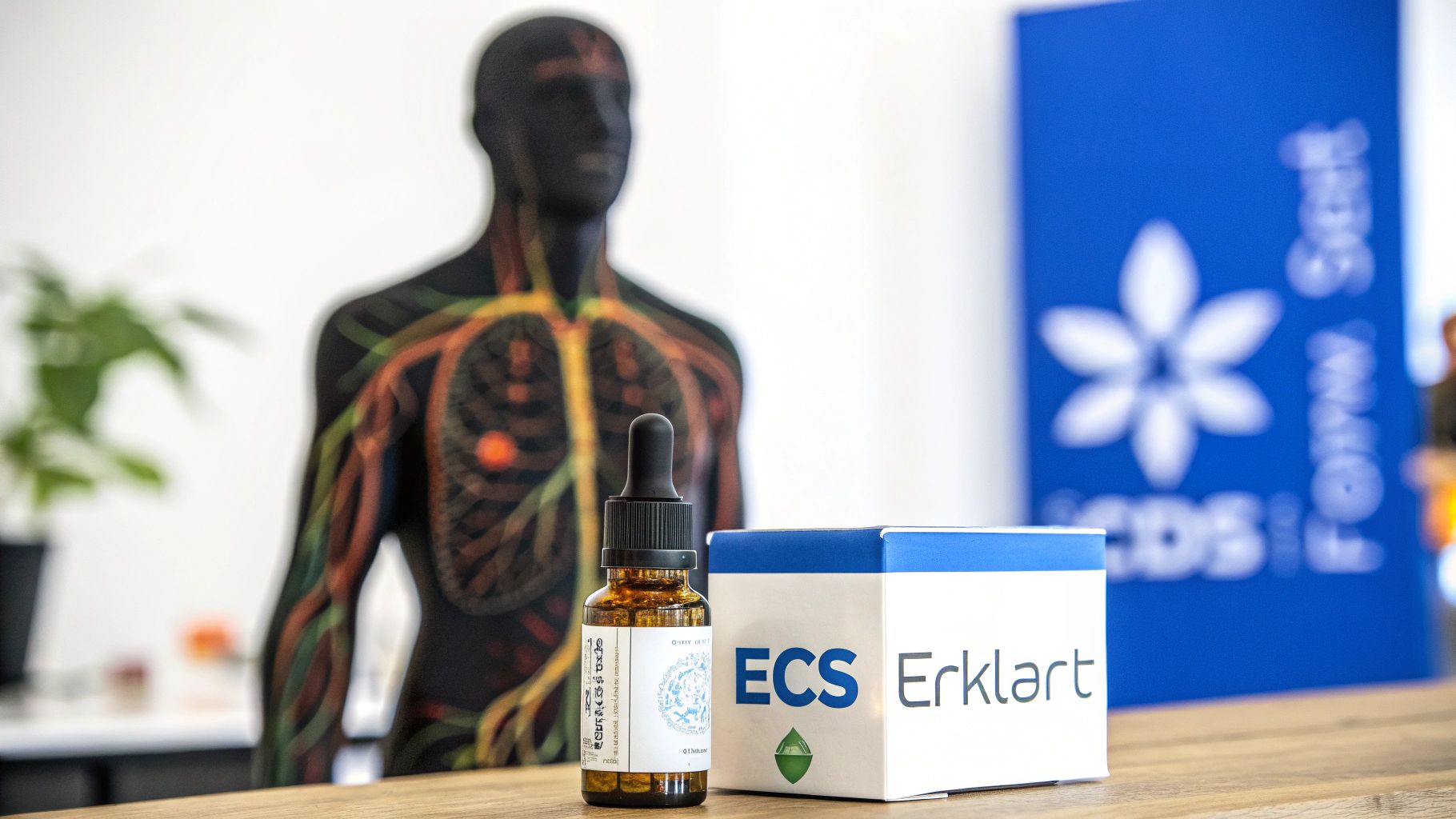 CBD Ölflasche und ECS Erklärt Box auf Holztisch vor menschlichem Anatomiemodell und blauem Banner.