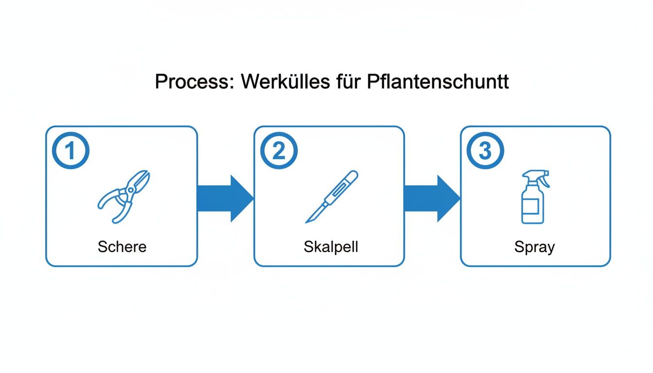 Ein Prozessdiagramm zeigt drei Werkzeuge für die Pflanzenpflege: eine Schere, ein Skalpell und eine Sprühflasche.