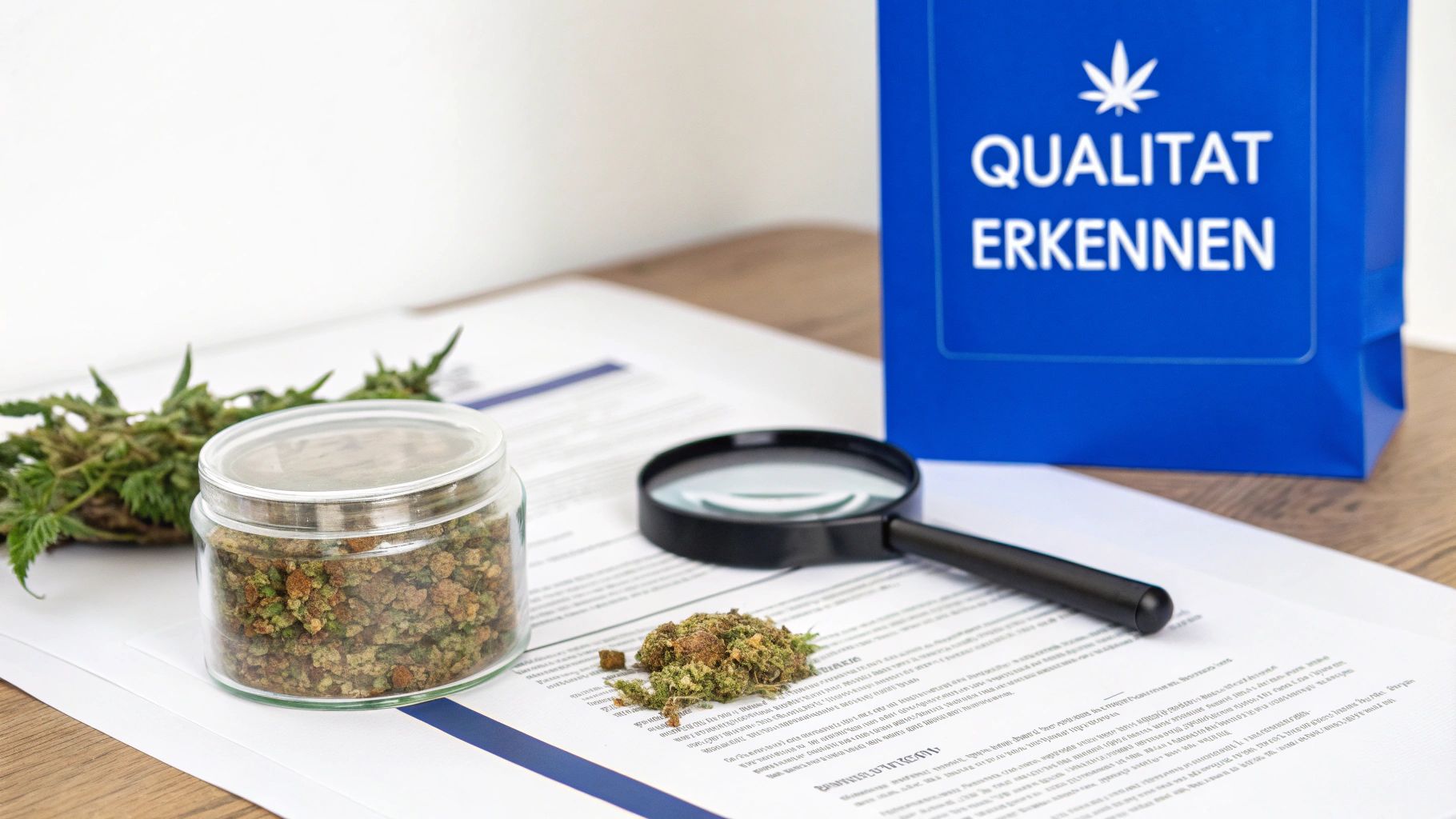 Eine Nahaufnahme von Cannabisblüten in einem Glas und lose auf Papieren, einer Lupe und einer blauen Tasche mit „Qualität Erkennen“.