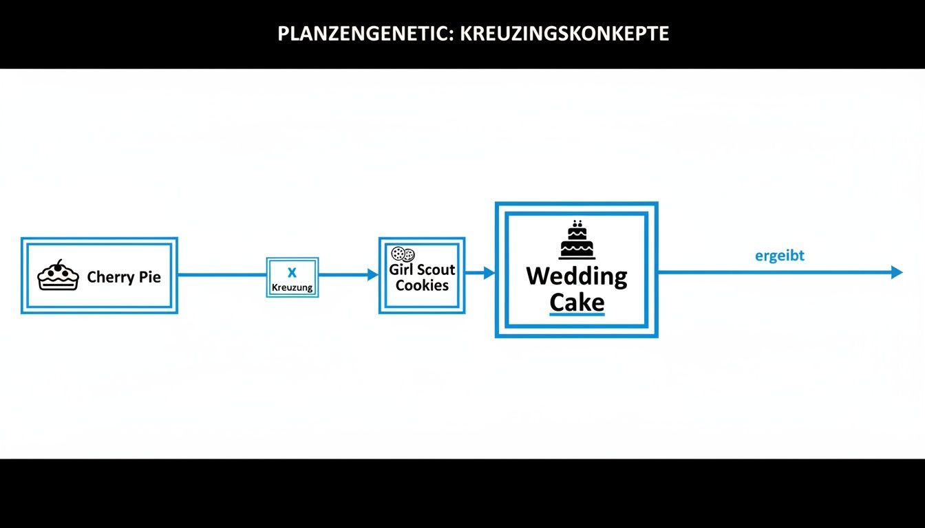 Diagramm zur Pflanzenzüchtung: 'Cherry Pie' und 'Girl Scout Cookies' werden gekreuzt zu 'Wedding Cake'.