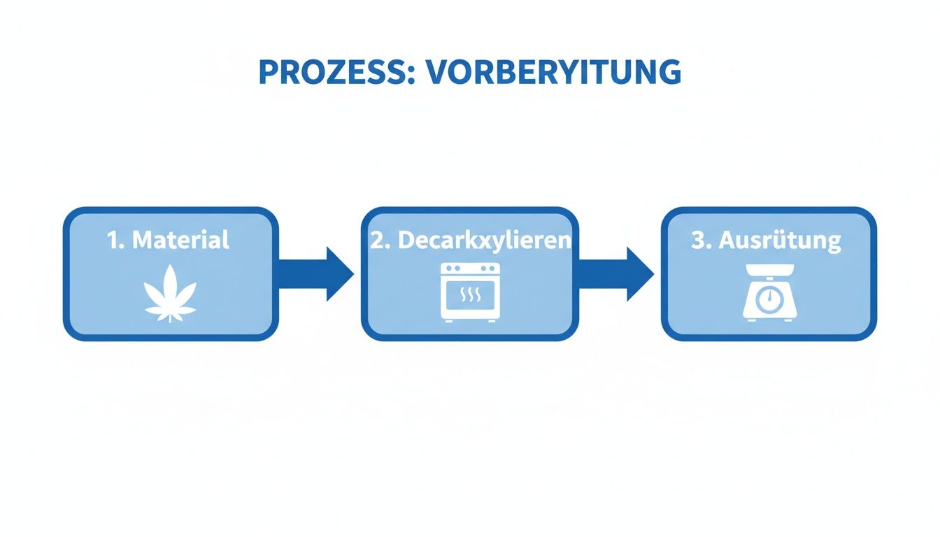 Diagramm zeigt den Prozess der Cannabis-Vorbereitung: Material, Decarboxylierung und Ausrüstung.