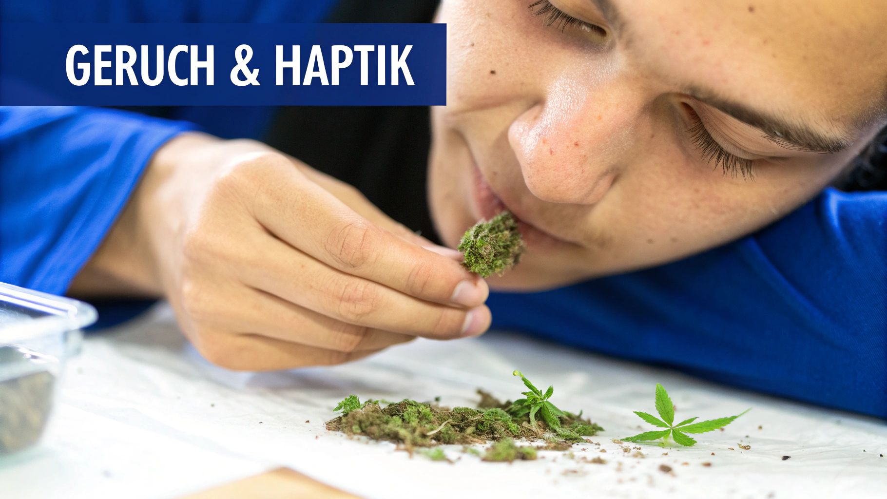 Eine Person prüft den Geruch einer Cannabisblüte, mit Pflanzenmaterial auf einem Tisch ausgebreitet.