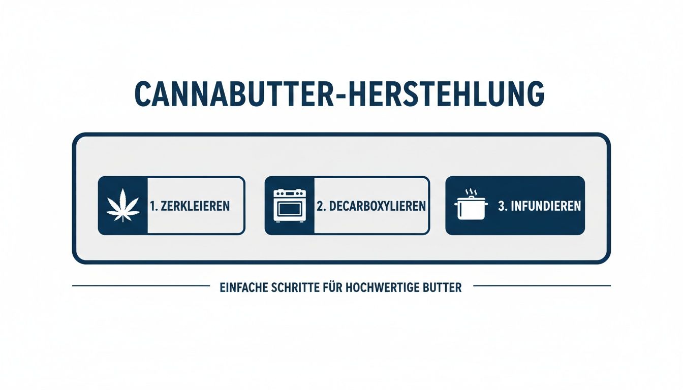 Infografik zur Cannabutter-Herstellung: Drei einfache Schritte, von Zerkleinern bis Infundieren, für hochwertige Butter.