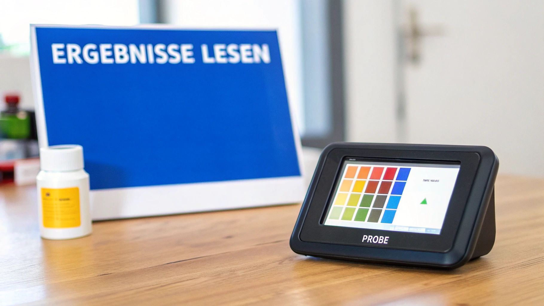 Digitales Messgerät zeigt Farbergebnisse an, daneben ein Schild mit 'ERGEBNISSE LESEN' und eine Flasche.